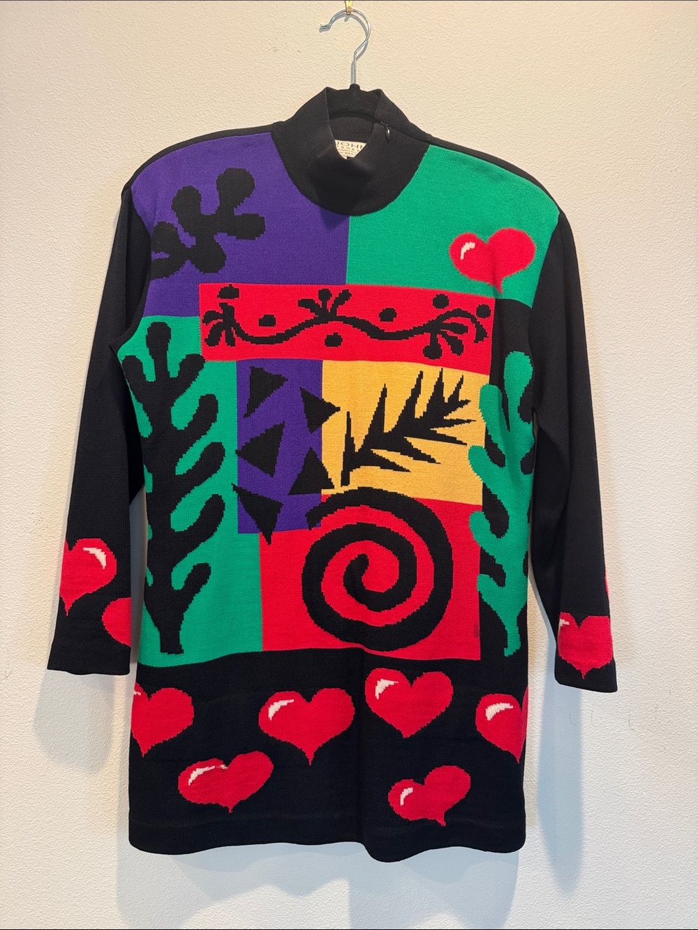 Colorblock Heart & Botanical Knit Sweater - Black/Green/Red/Purple
